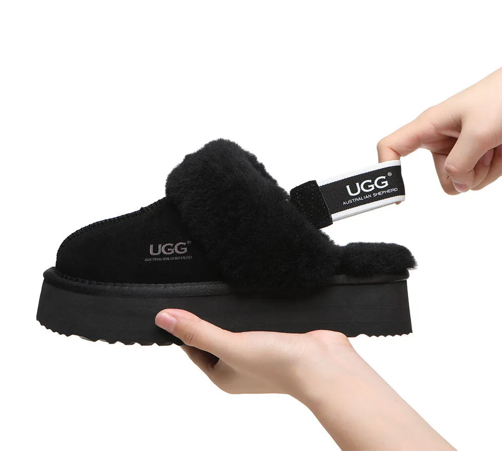 UGG Slippers Women Sheepskin Wool Removable Strap Slingback Slippers Muffin Platform