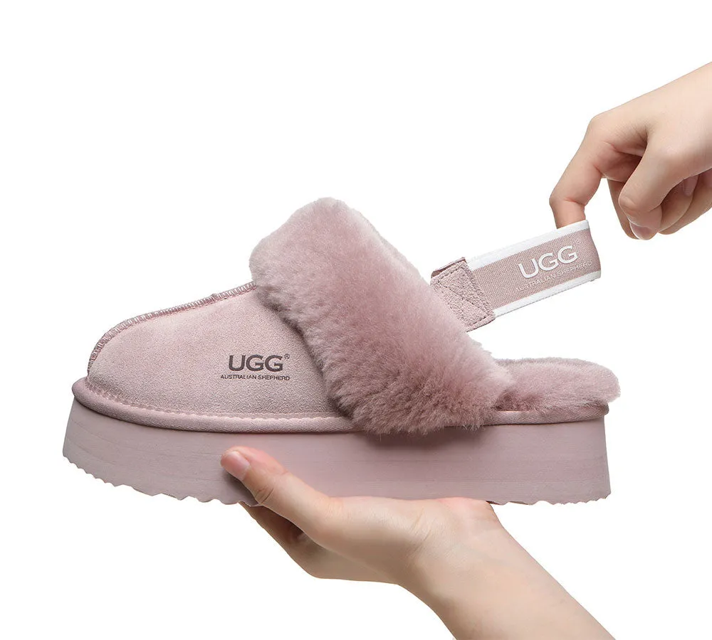 UGG Slippers Women Sheepskin Wool Removable Strap Slingback Slippers Muffin Platform