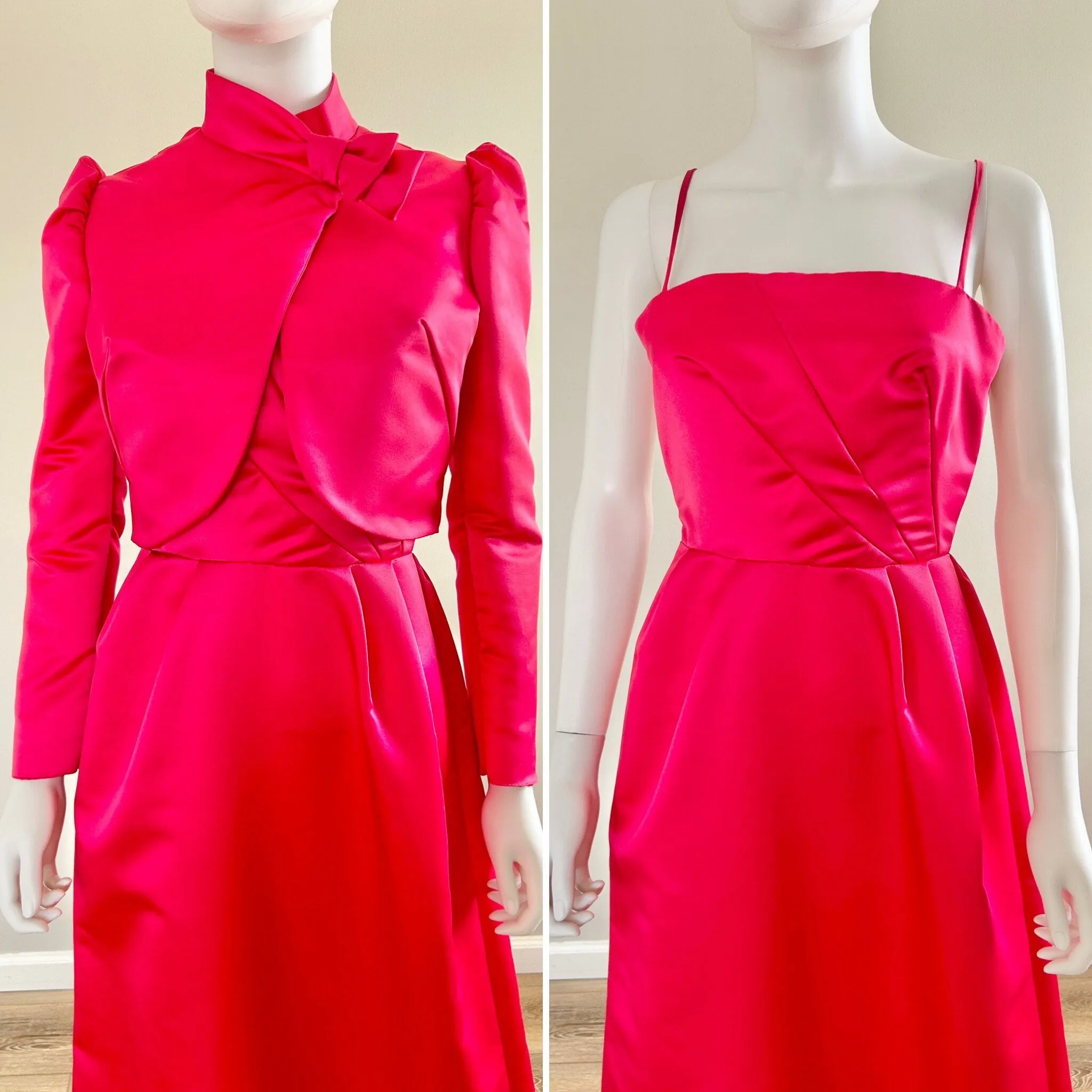 Vintage 1980s Hot Pink Satin Formal Dress / 80s Party Dress / size S