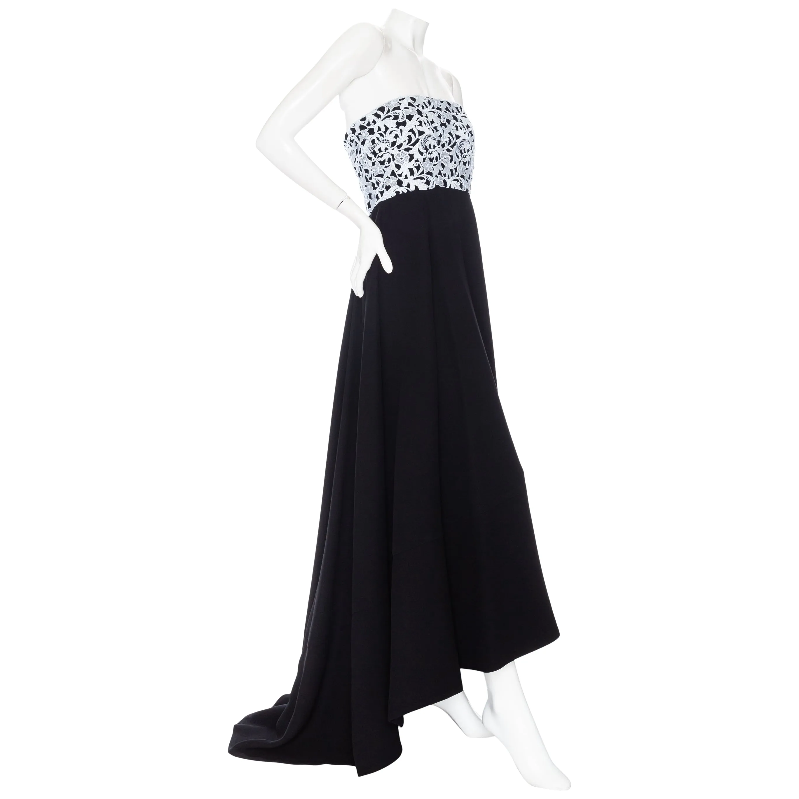 Vintage Black and White Lace Silk Crêpe Strapless Gown