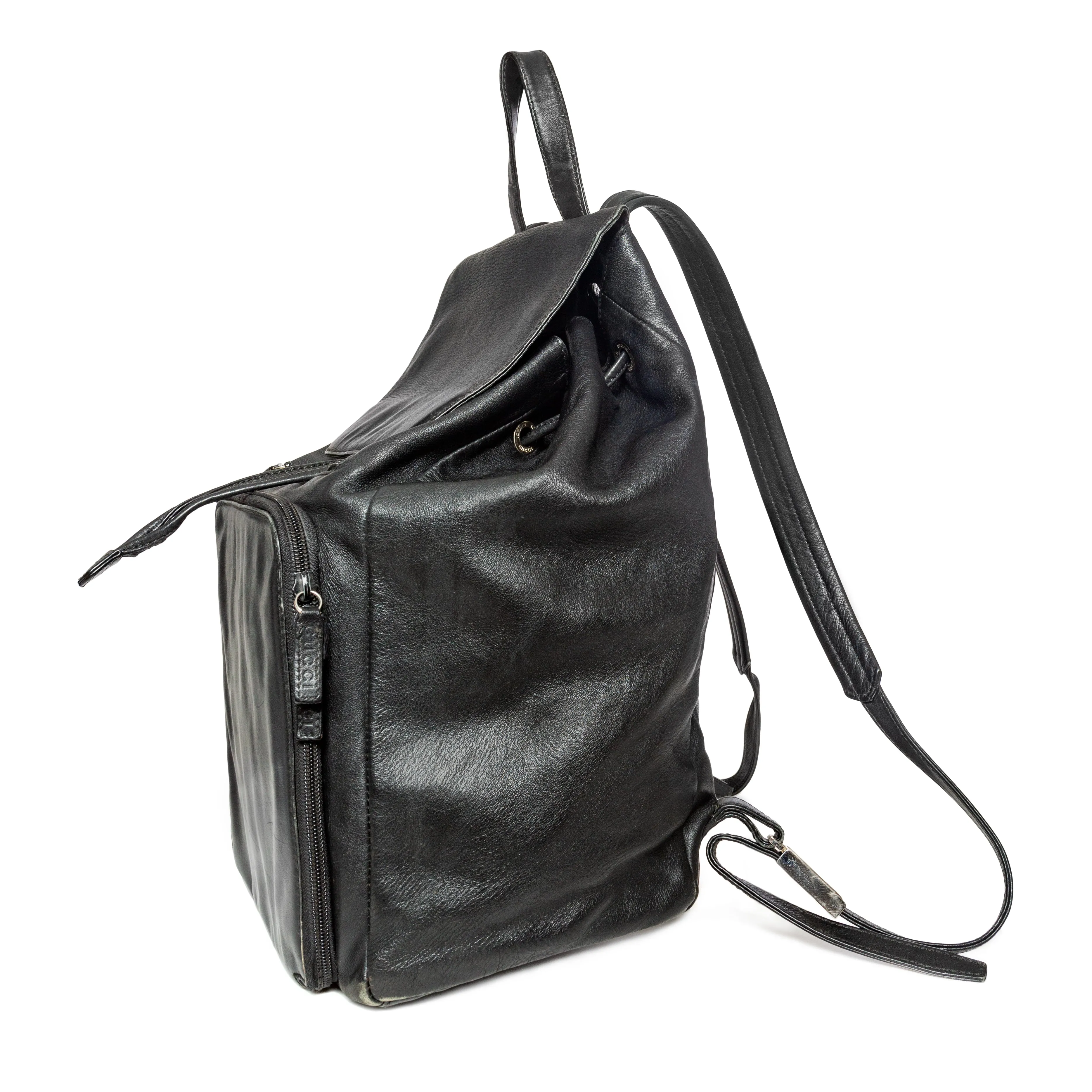 Vintage Black Leather Drawstring Backpack