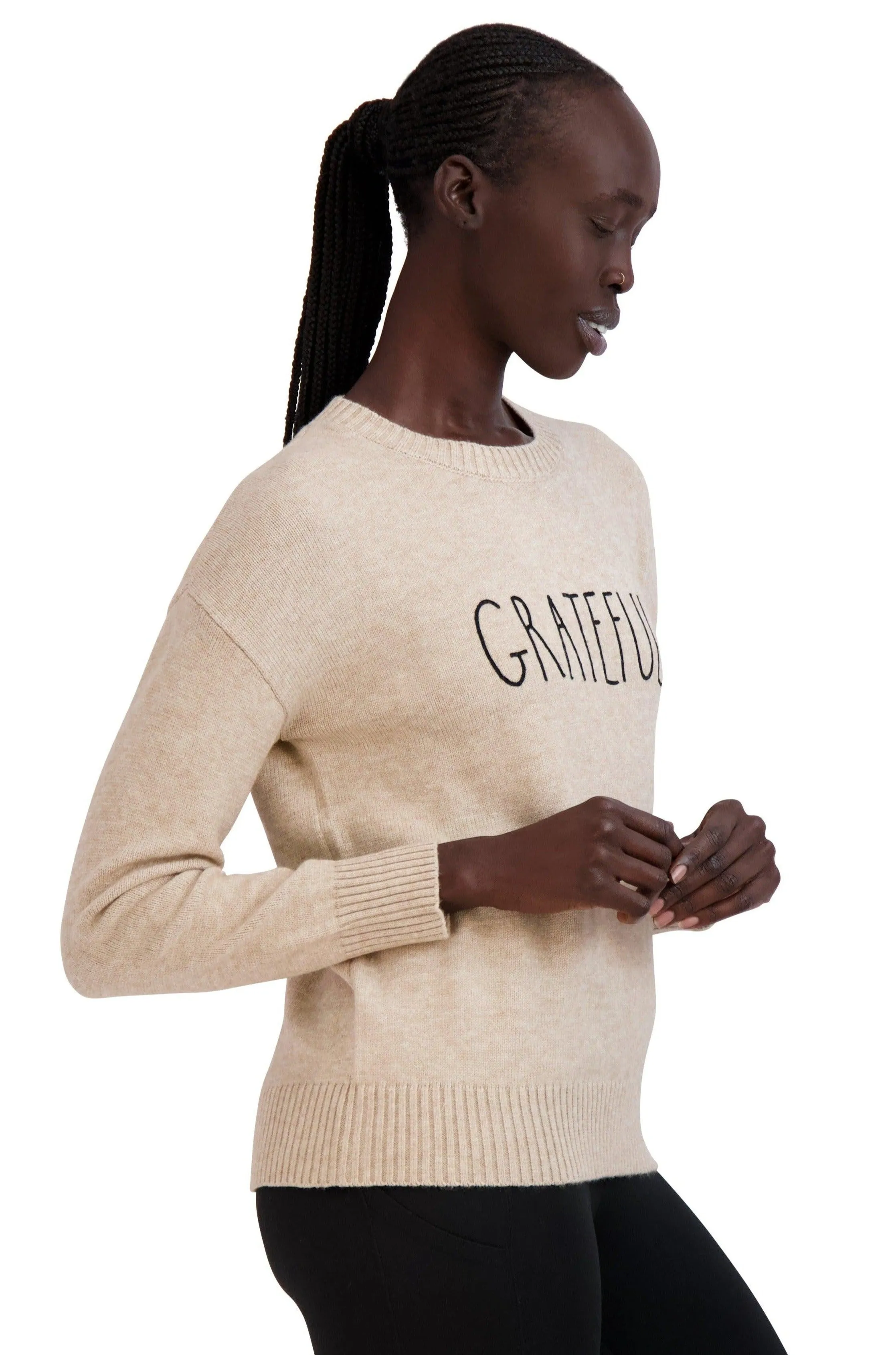 Women's Embroidered "GRATEFUL" Knit Sweater