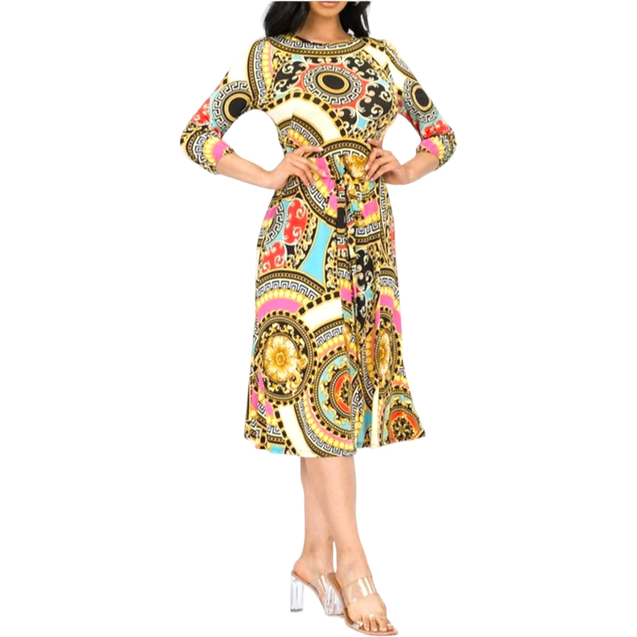 Women's Medallion Print Plus Size Belted Midi Dress