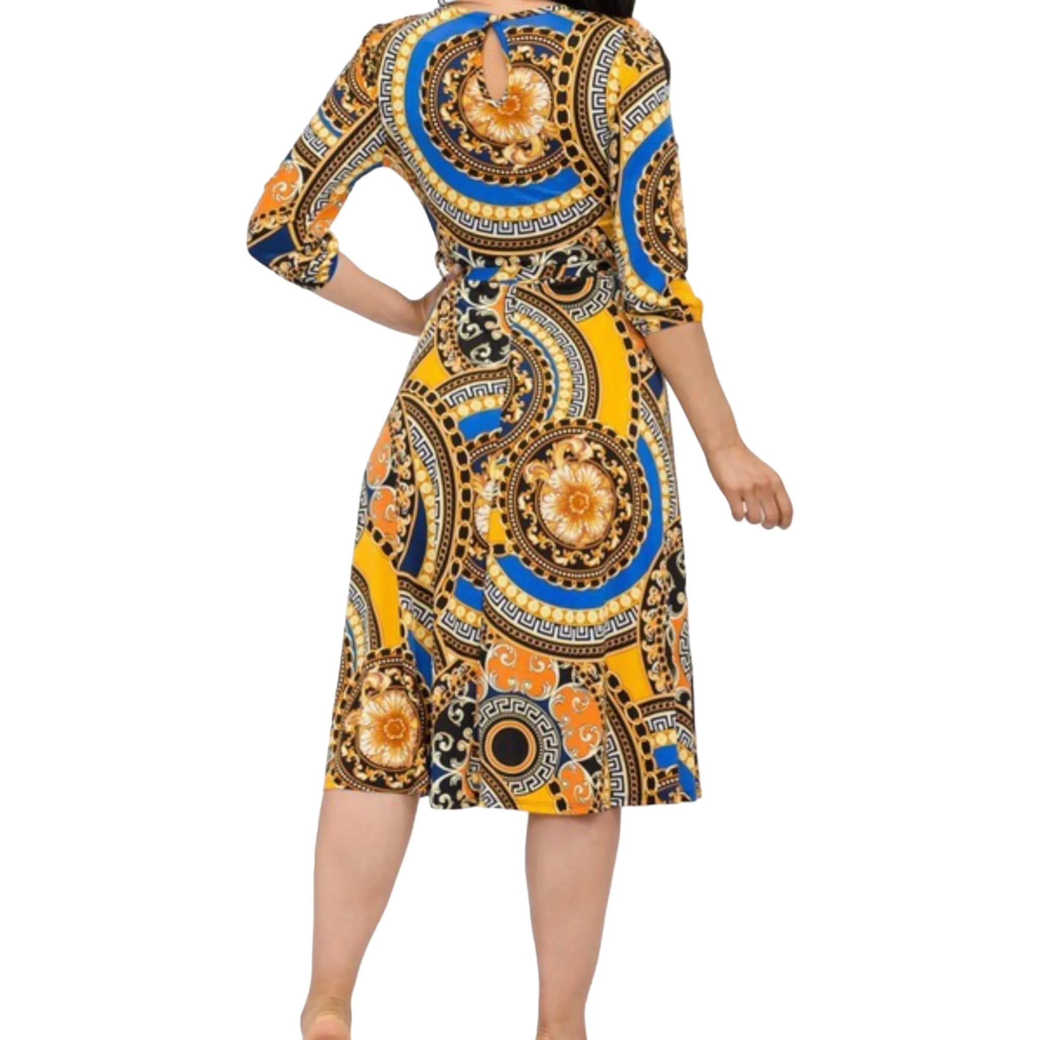 Women's Medallion Print Plus Size Belted Midi Dress