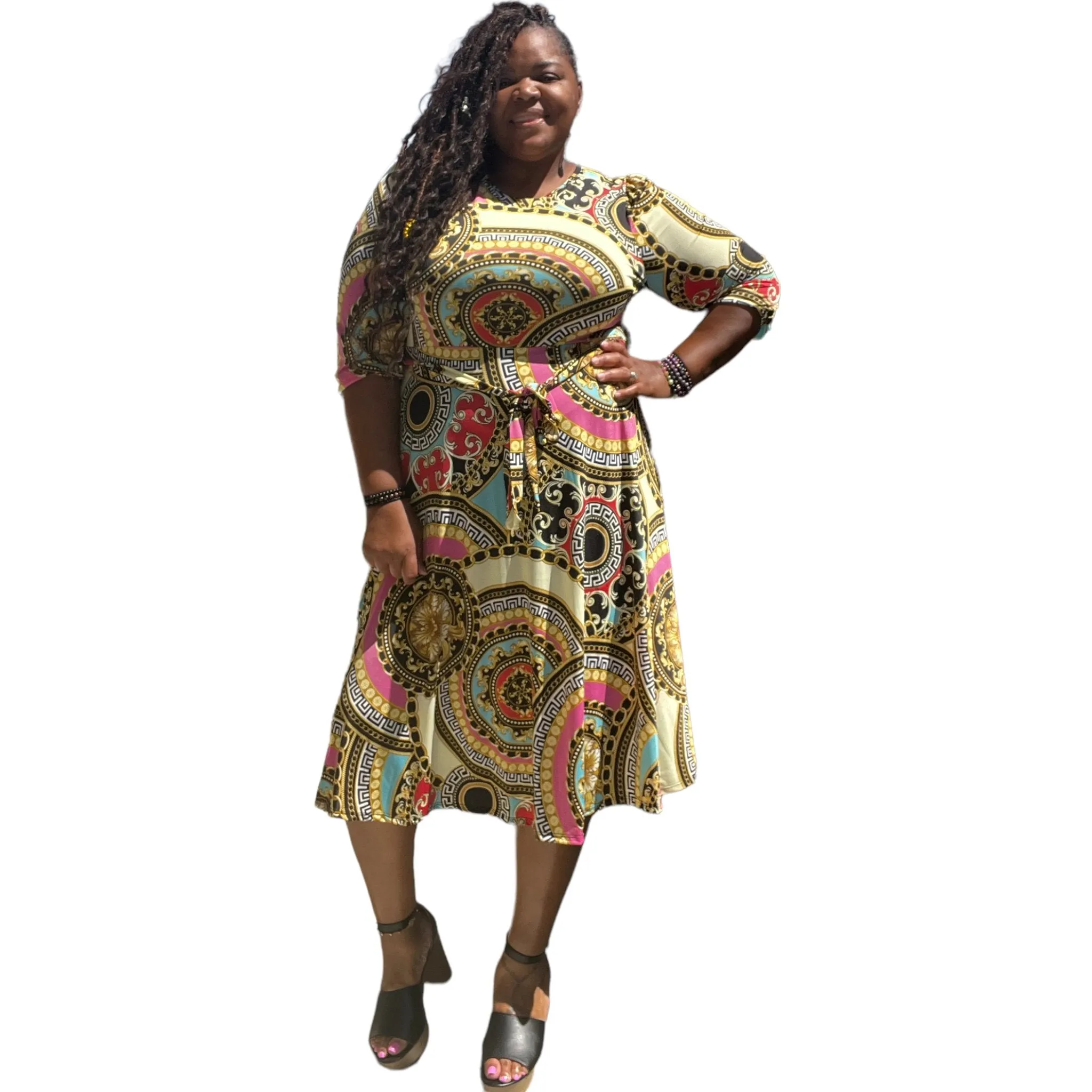 Women's Medallion Print Plus Size Belted Midi Dress