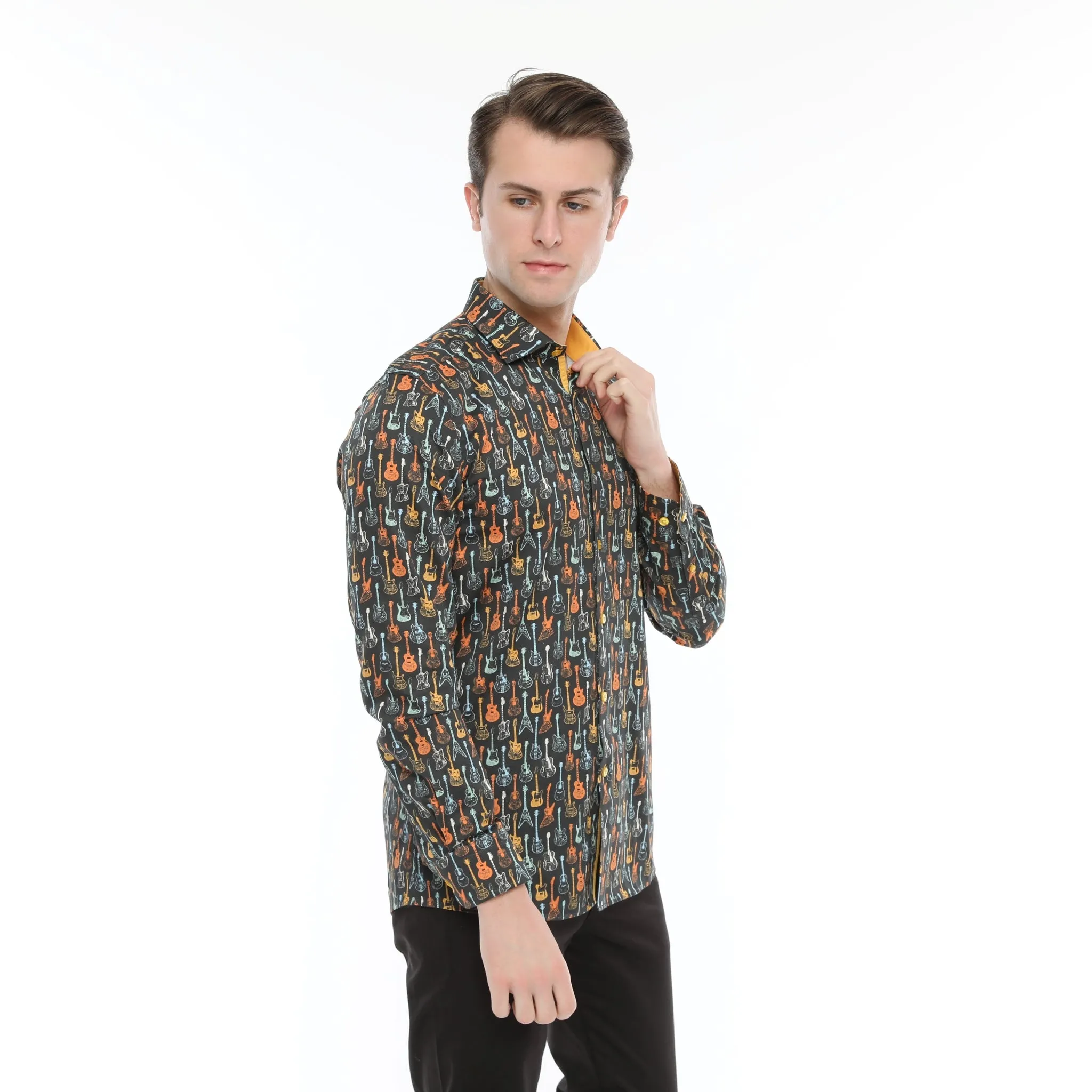 Xact Men's Retro Guitar Print Long Sleeved Shirt, Regular Fit